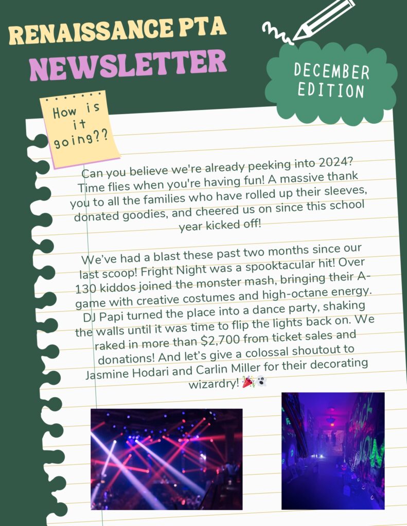 Page 1 of Renaissance PTA December 2024 Newsletter